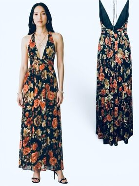 Mind Code Black Floral Deep V-Neck Strappy Maxi Dress